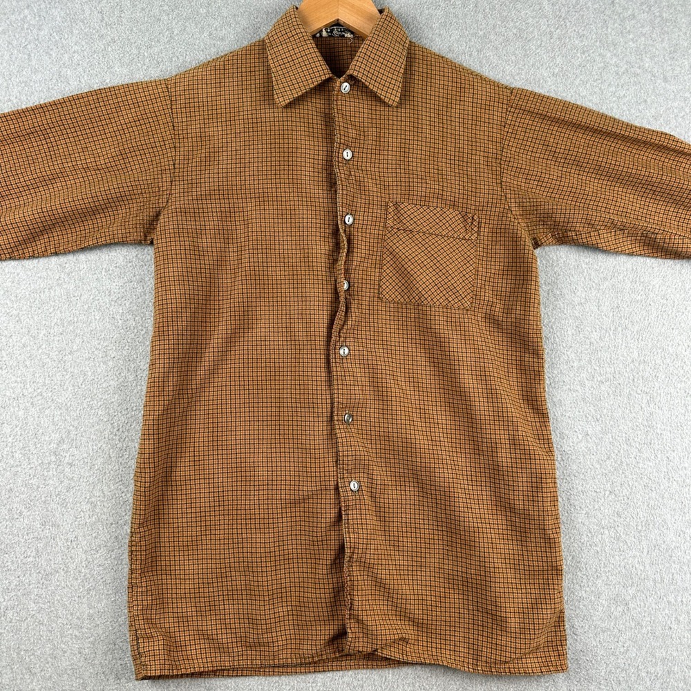 Vintage‎ Wool Button Up Mens M Brown Plaid Flannel Long Sleeve Pocket German